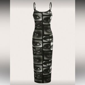 Eye and Lip B&W Print Cami Maxi Bodycon Dress